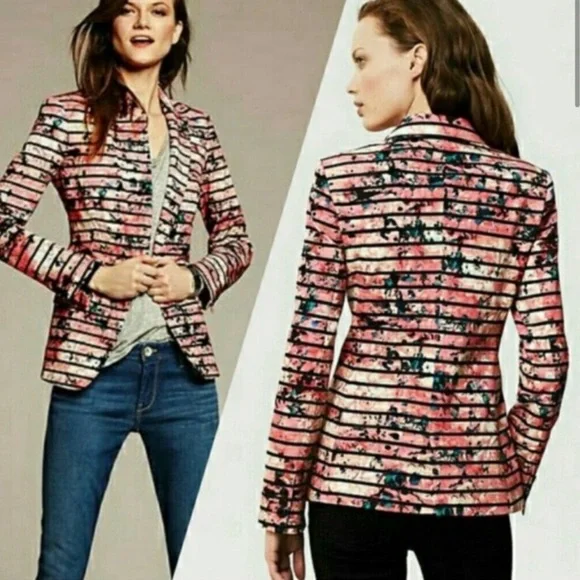 Banana Republic Pink Black White Striped Floral Watercolor Blazer - Picture 2 of 3